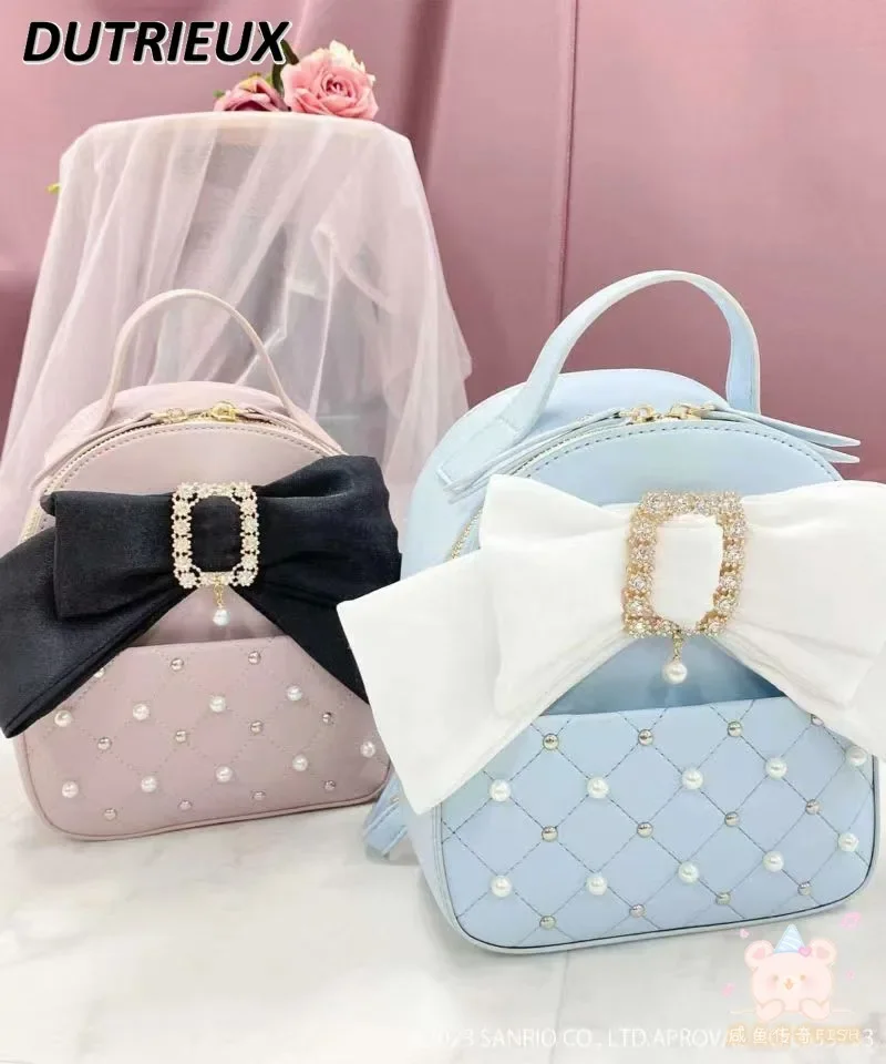 Rojita Bags Japanese Lolita Style Sweet Cute Rhinestone Pearl Bow Mine Mass-Produced Women's Backpack Sweet Cute Mini Backpack