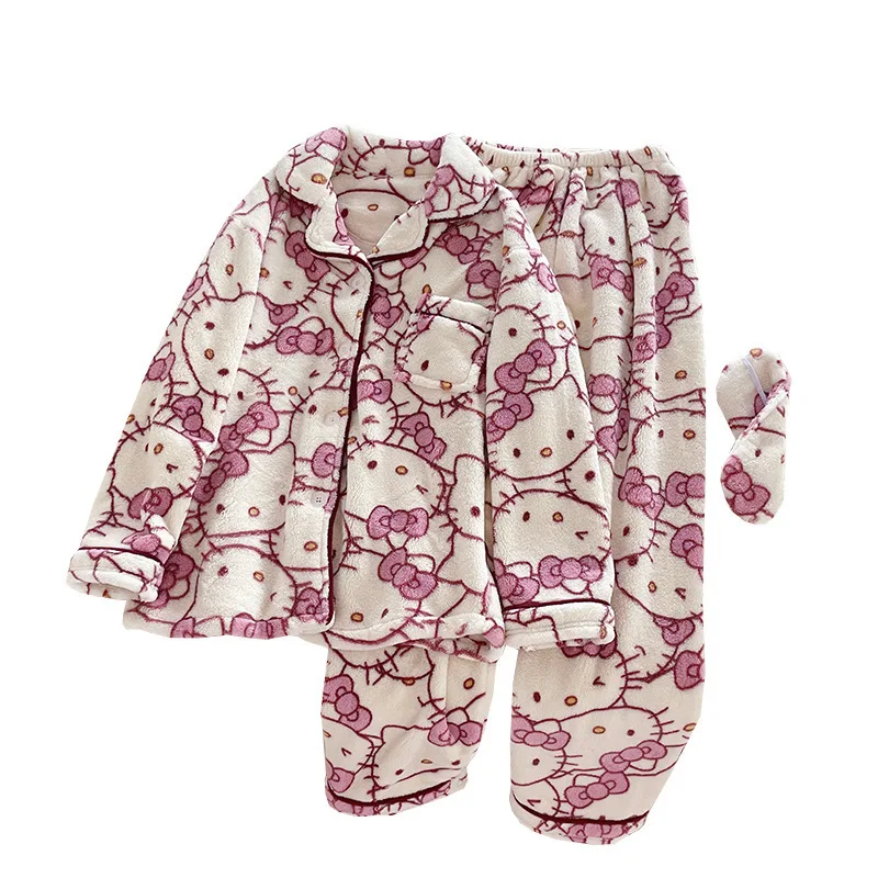 Sanrio Female Coral Fleece Go Out Thickening Long Sleeves Leisure Wear Kawaii Hello Kitty Comic Student Keep Warm Pajamas Kit