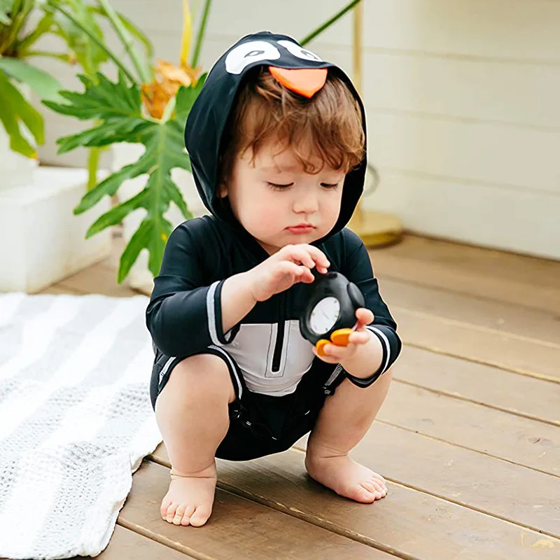 1-3Y Baby Boys One Piece Bathing Suit 4-7Y Child Kids Hoodie Swimwear Swimsuit Long Sleeve Sunscreen Penguin Style Beach Wear