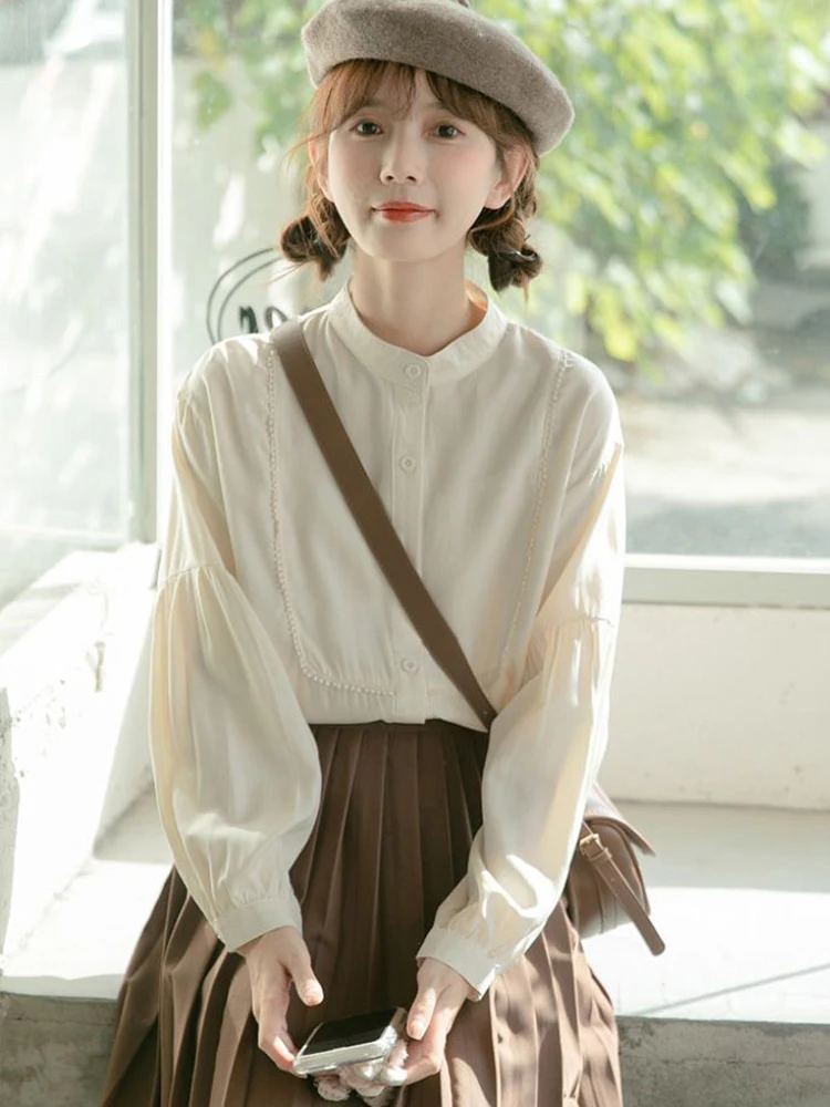 

Preppy Style Women Sweet Shirt Vintage Loose Lantern Sleeve Cute Blouse Spring Casual O Neck Female All Match Japan Elegant Tops
