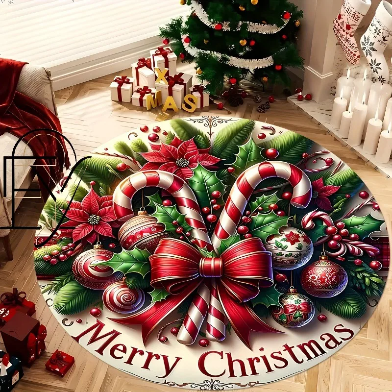 Round Area Rug 2D Flat 3D Illusion Gingerbread House Carpet Flannel Fluffy Soft Winter Snow Town Sofa Floor Cushion