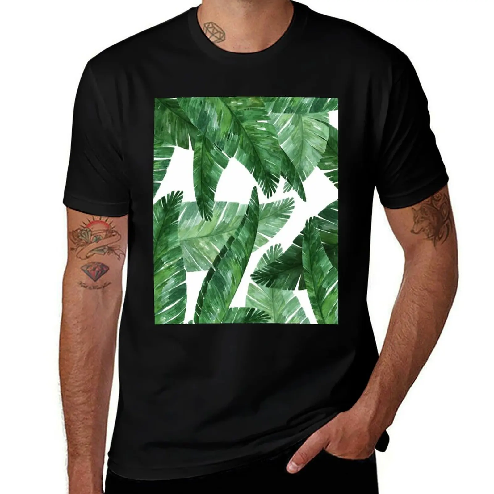 

Green leaves of a banana. T-Shirt Basic Short Sleeve Cotton Blend T-Shirt