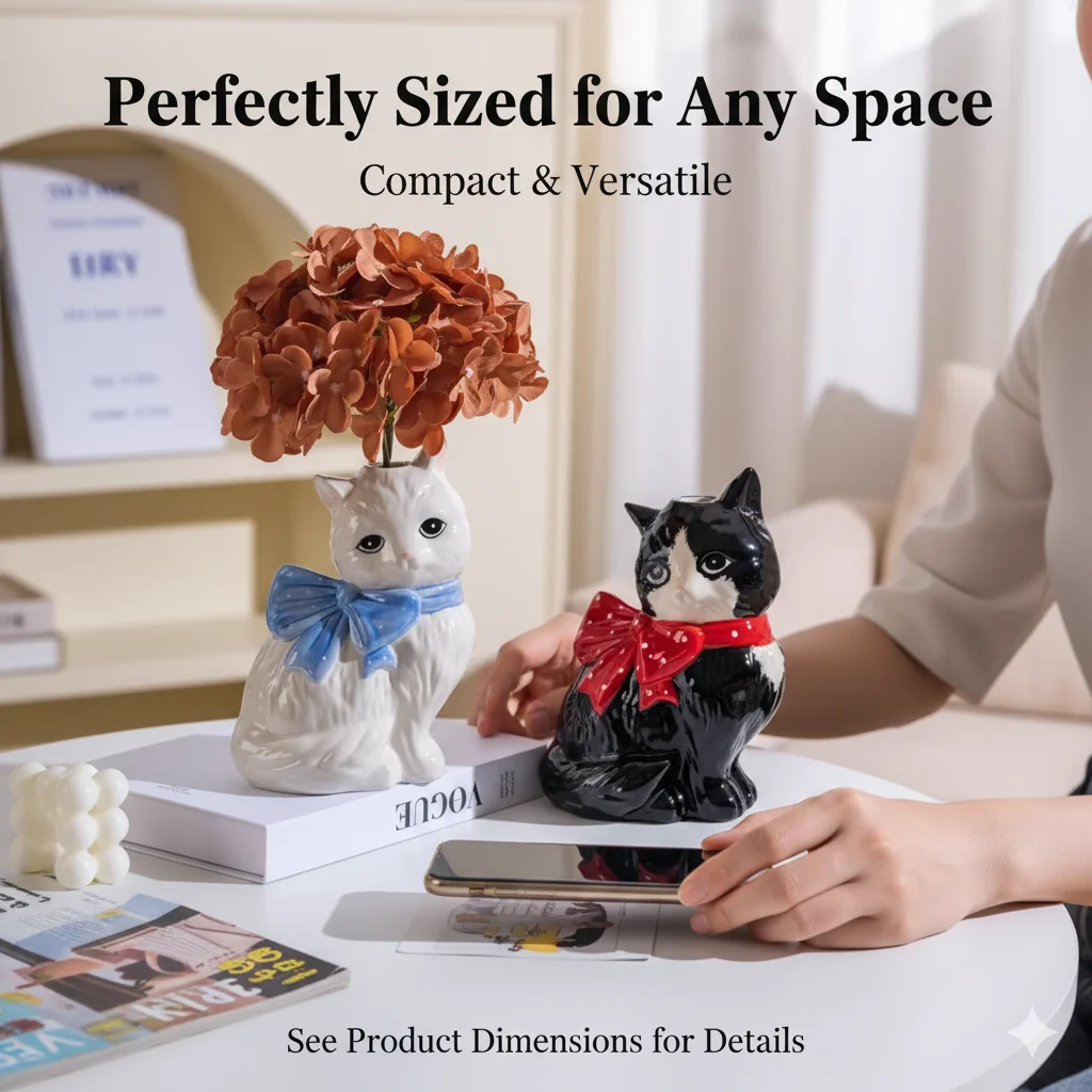 Cartoon Cute Cartoon Cat Ceramic Vase, White and Black Animal Sculpture Flowerpot with Ribbon Bow Home Living Room Decoration