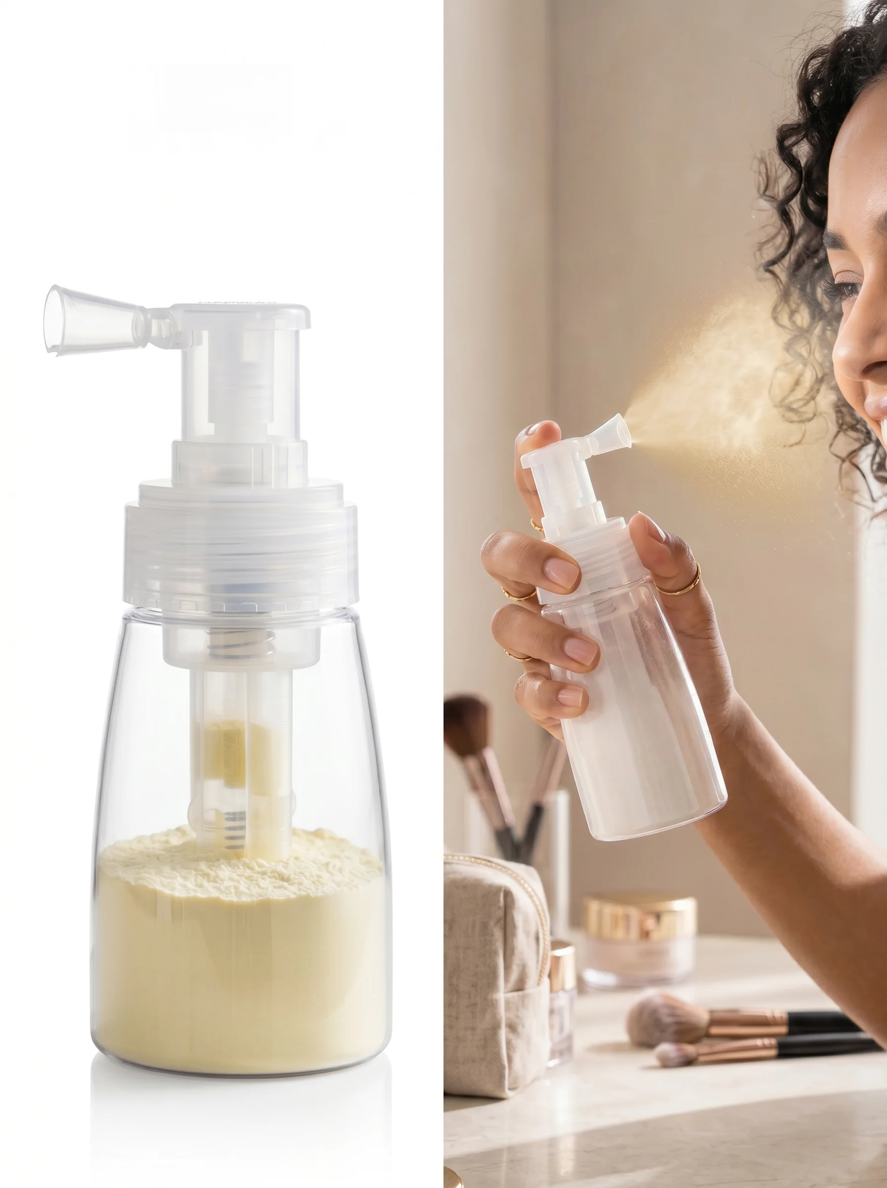 Botella de Spray de Polvo Recargable de 140 ml, Botella de Viaje para Cosméticos, Aplicador de Fibra Capilar de Plástico, Transparente, para Polvo Seco Suelto