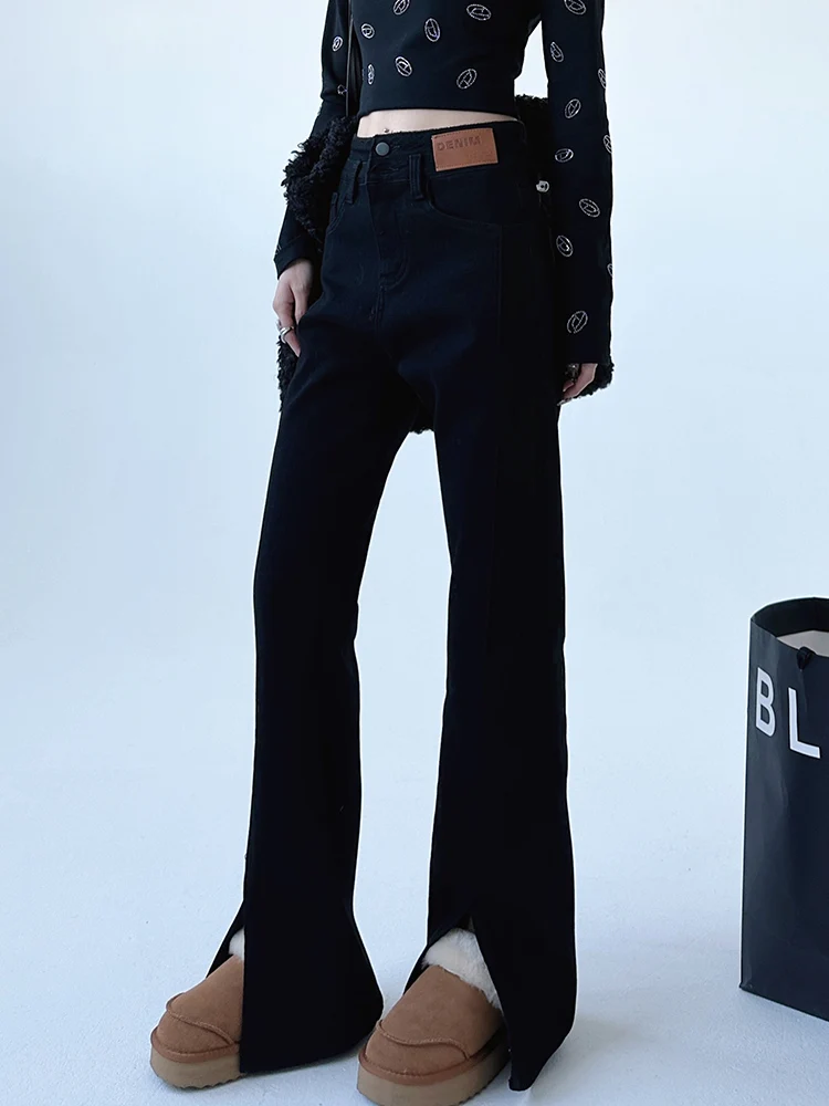 

High Waist Wide Leg Jeans Women's Spring Autumn Design Slit Long Loose Bla Straight Cut Pants Cotton Stretch Denim