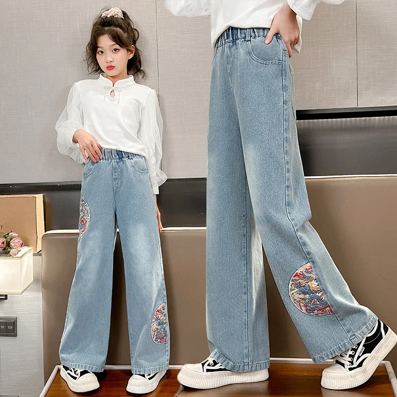 Estate ragazze scuola media moda sciolto tinta unita piccolo amore Jeans pantaloni Casual pantaloni gamba larga 4-10 anni