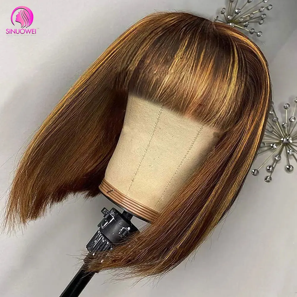 Ombre Highlight Honey Blonde Full Machine Made Wig With Bangs Short Straight Hair BoB Wigs Brazilian Remy Hair For Women Wig