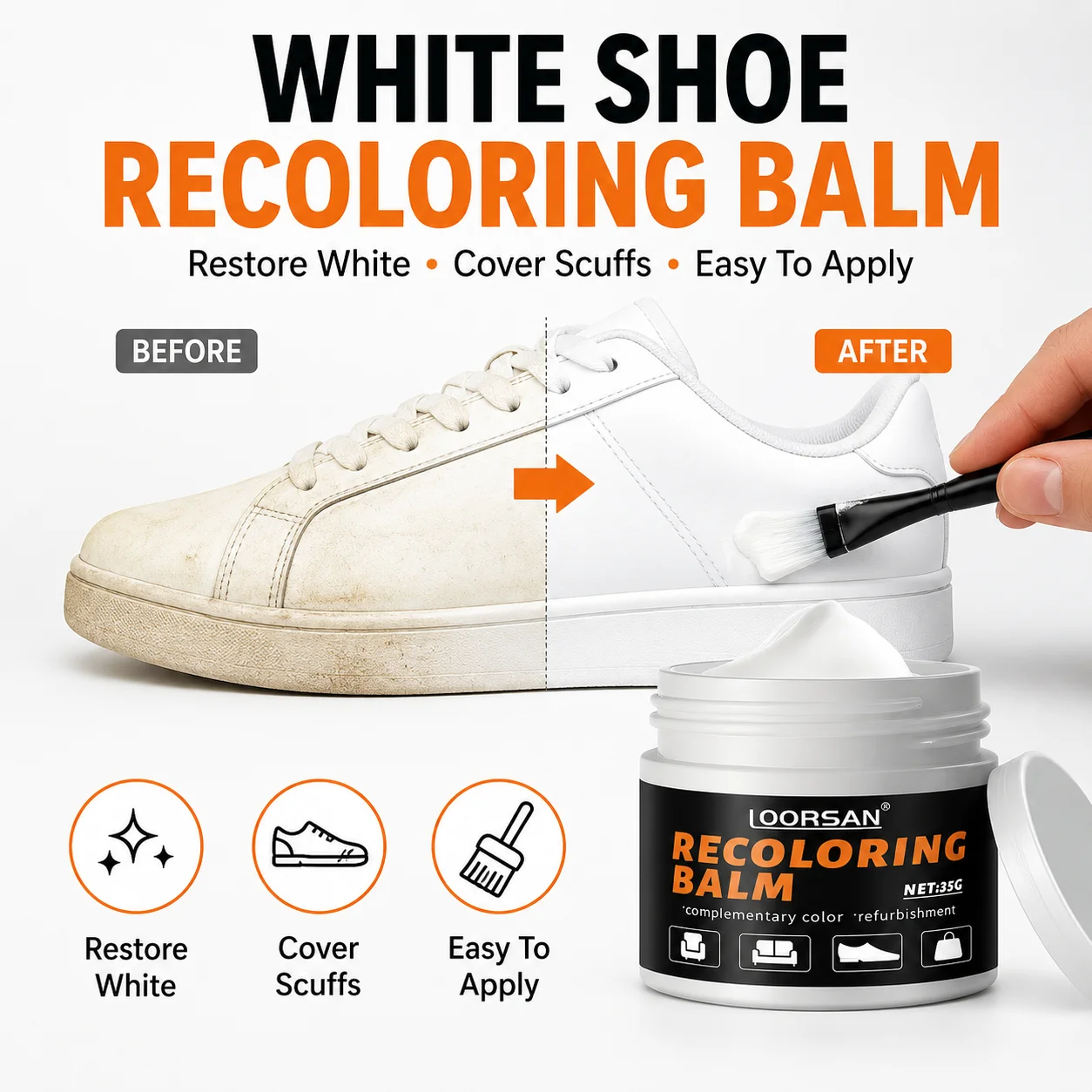 Loorsan White Shoe Recoloring Balm For Sneakers Bags Sofas 35g Smooth Cream Easy Apply Scuff Repair Restore Finish