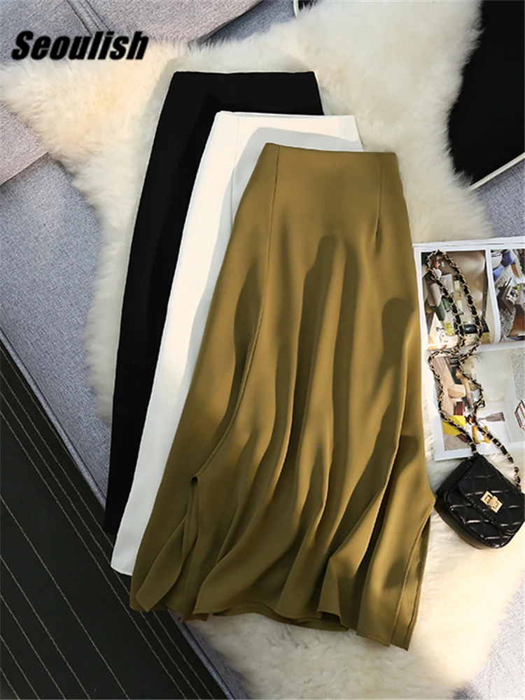 Seoulish 2022 New Elegant High Waist Women Mi-long Skirts Female Minimalism A-Line Office Lady Umbrella Skirts Spring Summer