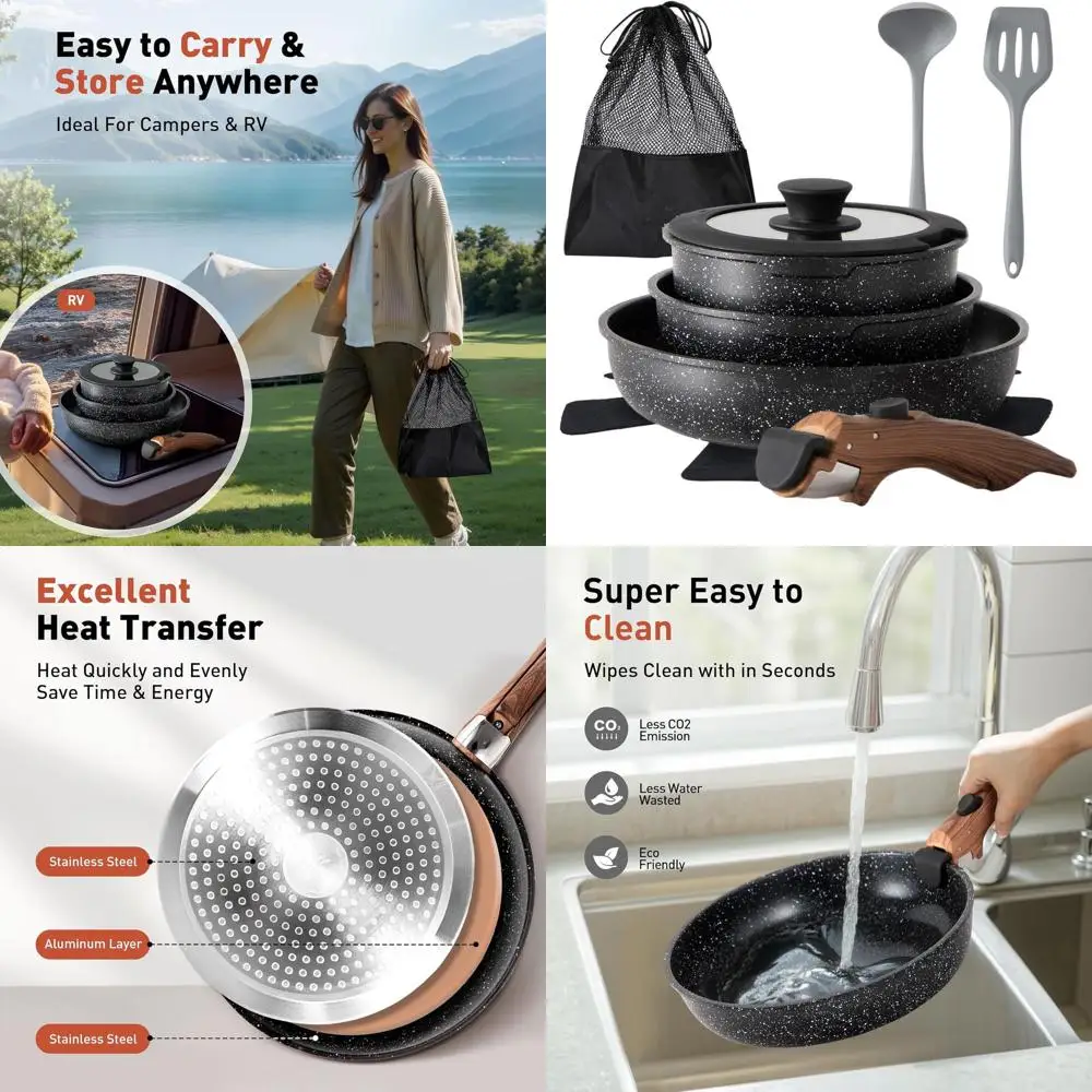 

Nonstick Detachable Handle Cookware Set, 10-Piece Pots and Pans, RV-Friendly, Oven Safe, PFAS-Free, Black
