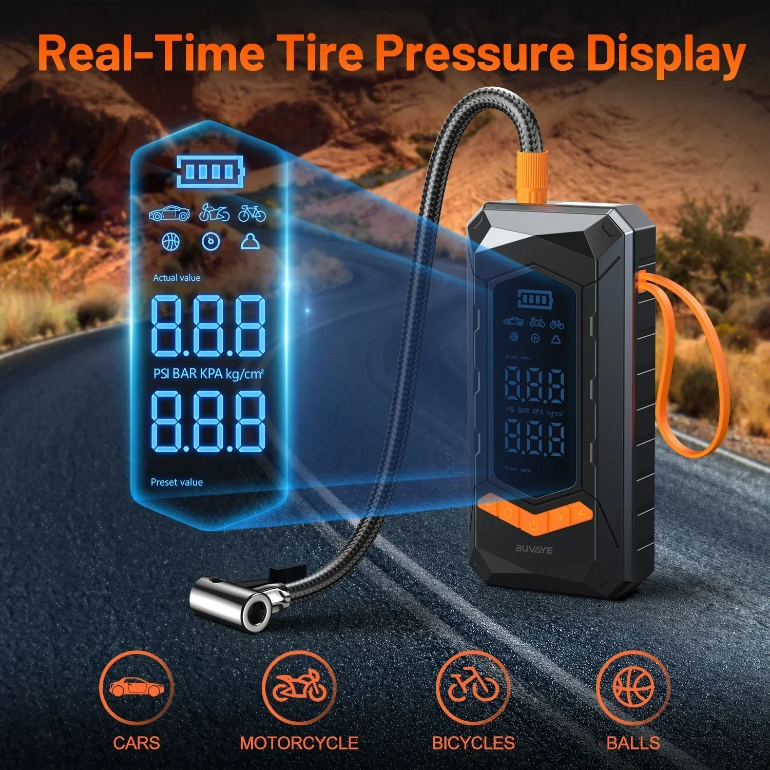 BUVAYE Car Inflator Tire Pump & Inflators 150PSI Air Pump Wired/Wireless Large Screen Dual Digital Display Air Compressors