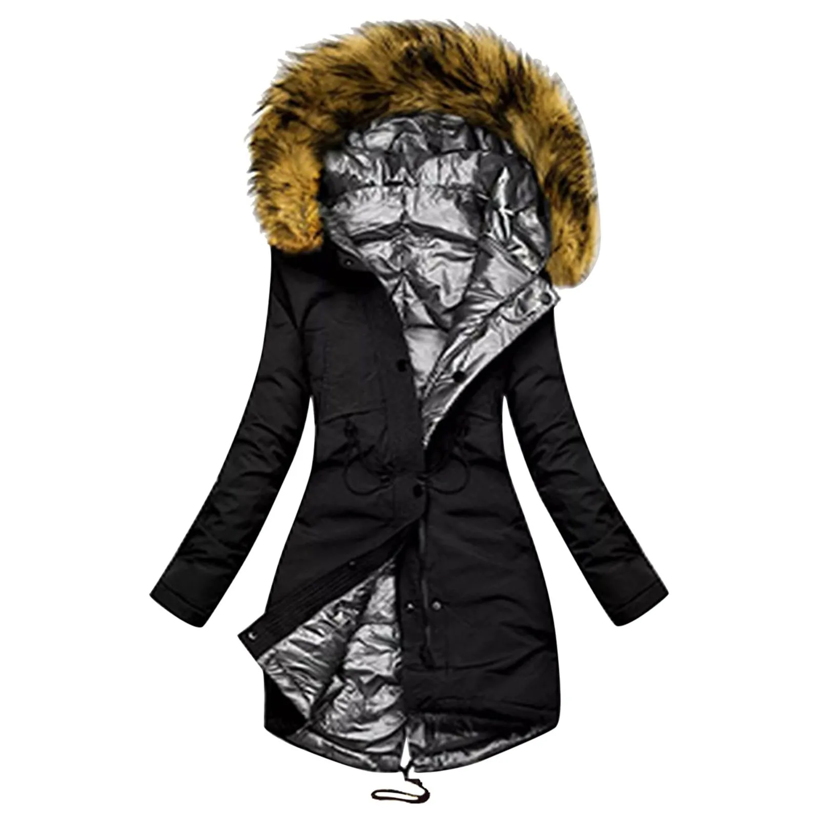 Women Furry Hooded Cotton Coat Winter Thickened Warm Coat Mid Length Fall Jackets For Women Solid Drawstring Windproof Coats