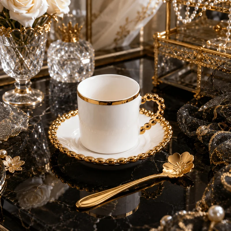 1/2/6 Pcs 80ml Ceramics Coffee Cup And Plates With Spoon Luxury Court Style Electroplated Golden Rim Espresso Cappuccino Glasses