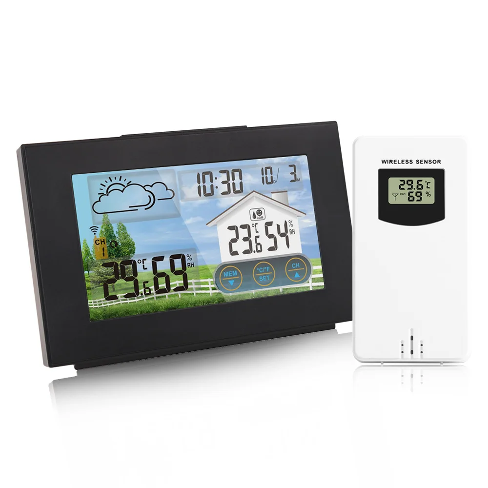 Wireless Weather Station Forecaster Indoor Outdoor Thermometer Hygrometer with Touch Screen Alarm Clock