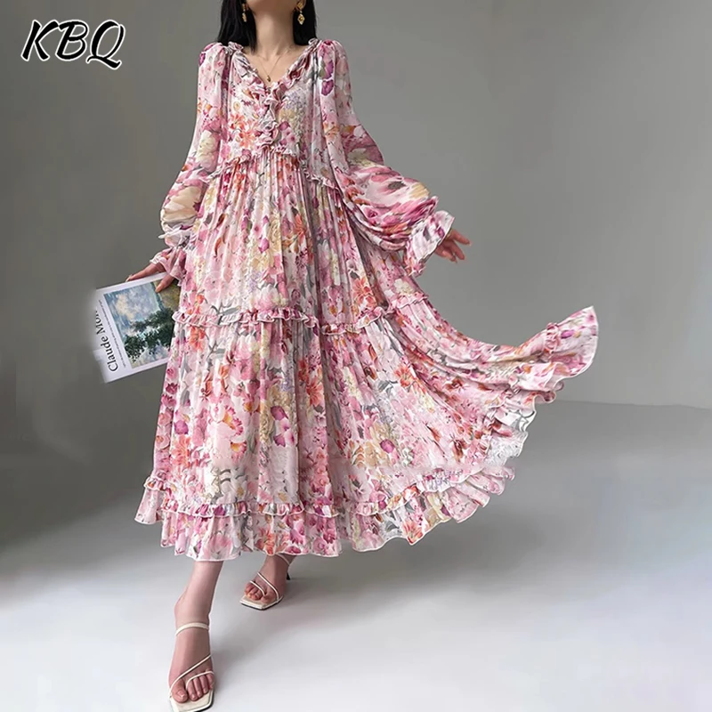 

KBQ Floral Printing Loose Long Dresses For Women V Neck Lantern Sleeve Spliced Ruffles Temperament Dress Female Fashion Style