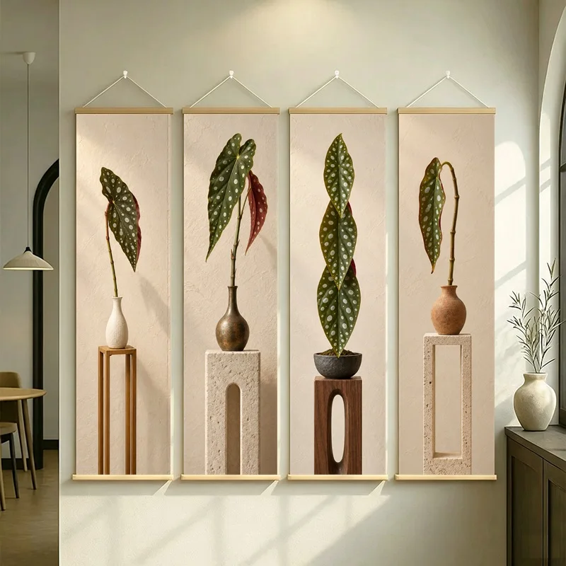 Spotted Leaf Wall Art 4-Panel Olive Burgundy Plant Vase Scroll Set on Cream Silver Shimmer Canvas for Artistic Bedroom Decor