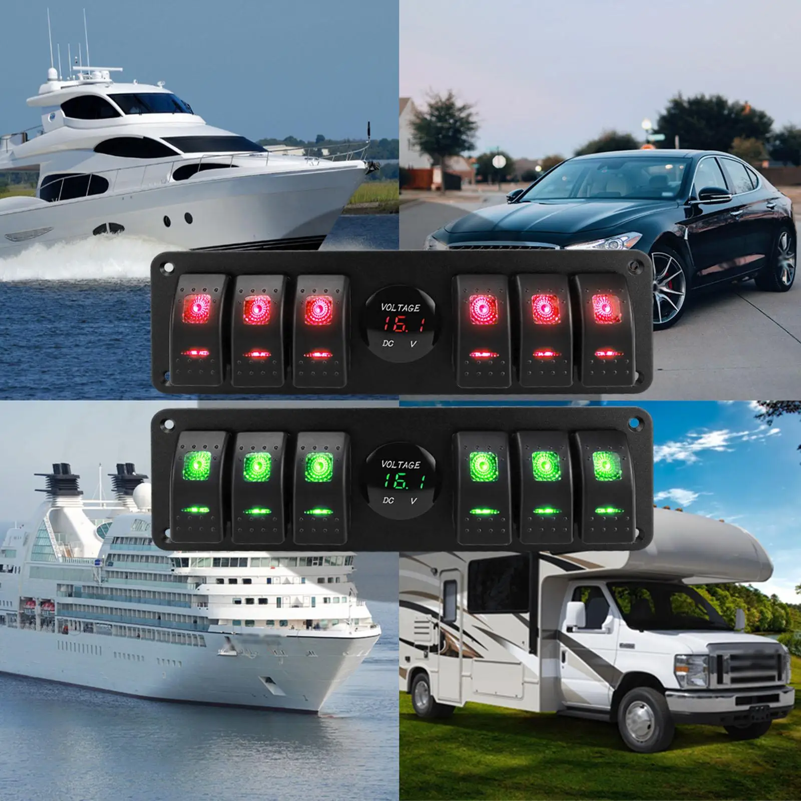 Multifunctional Rocker Switch Panel 6 Gang Pre Wired Waterproof Voltage Display High Performance for Trucks Rvs Marine