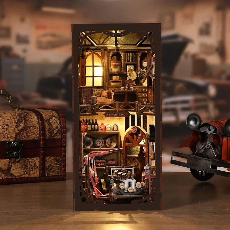 Miniature Model Kits Craftsmanship Repair Shop Bookend DIY Wooden Book Nook Shelf Insert Kit Bookshelf for Friends Birthday Gift