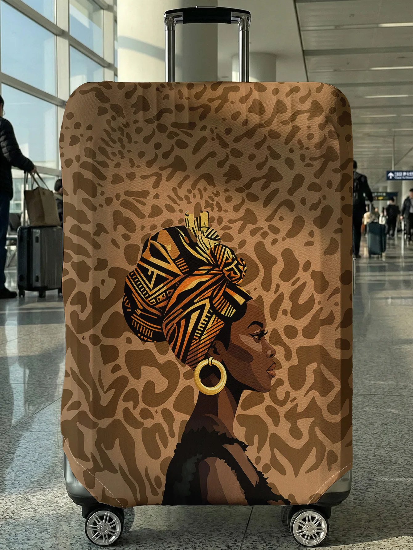 

Leopard Print Base African Woman Head Luggage Cover, Suitable for 18-32 Inch Luggage Cover, Luggage Handle Glove, Travel Accesso