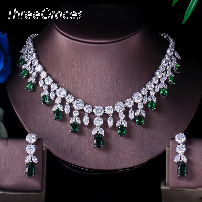 ThreeGraces Luxury Green CZ Stone Earrings Necklace Set Brilliant Big Long Drop Wedding Bridal Dress Jewelry Set for Women JS256