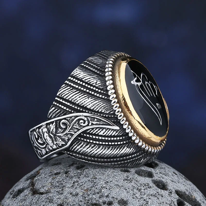 New Design 316L Stainless Steel Tone Saudi Star Ring With Black Stone Mysterious Exaggerated Men Ring Jewelry For Boyfriend Gift