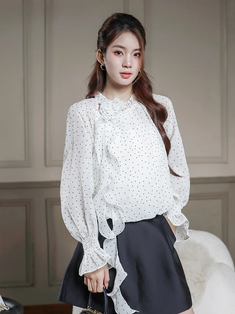 

Retro Polka Dot Women's irt Faionable Ele Earlet Collar Bell Sve Top Spring Summer New Arrival Korean Sle Loose Fit