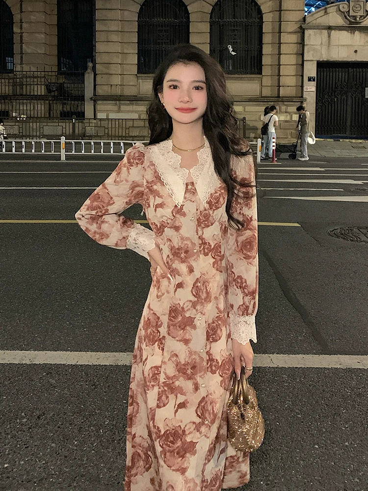 

Ele Floral Print Long Sve V-Ne Dr Slimming Fairy T Sle Dr Soft French Sle High Waist A-Line Silhouette