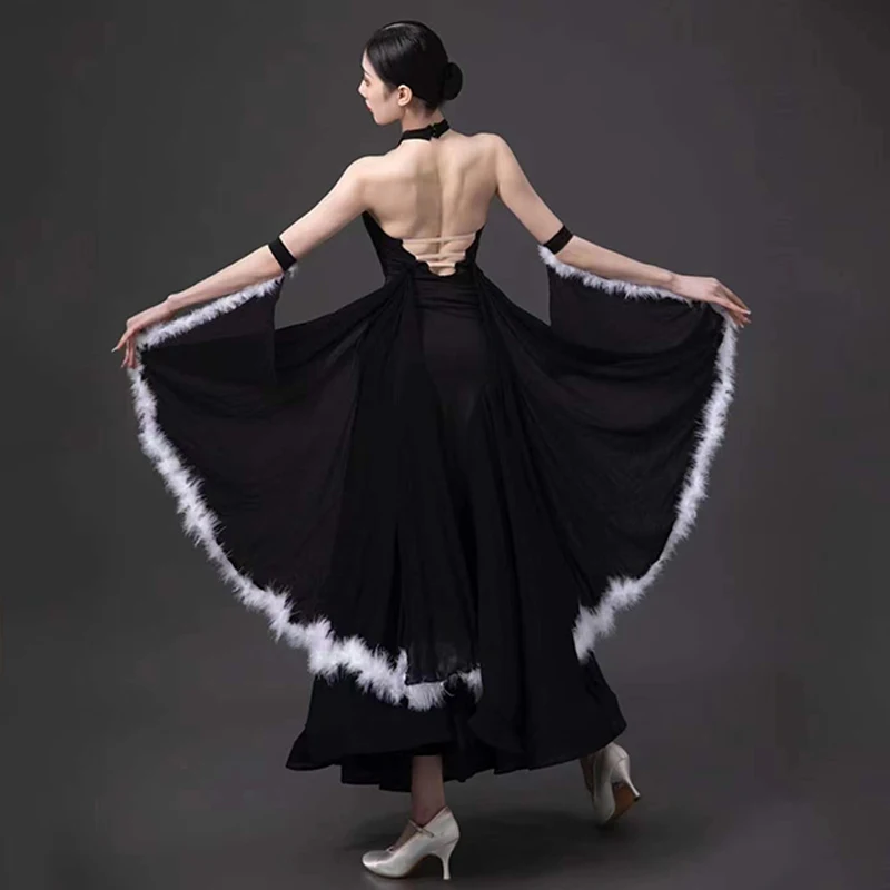 Sexy Ballroom Dance Kleid Frauen Modern Dance Kostüm Neckholder Schwarz Kleid Walzer Leistung Kleidung Tango Dancewear BL10243