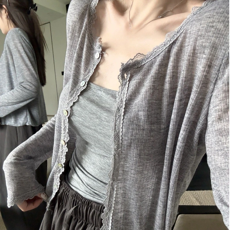 

Кружевной лоскутный кардиган, женская одежда, вязаный тонкий однобортный Y2k Sueter Mujer, модный милый свитер, топы