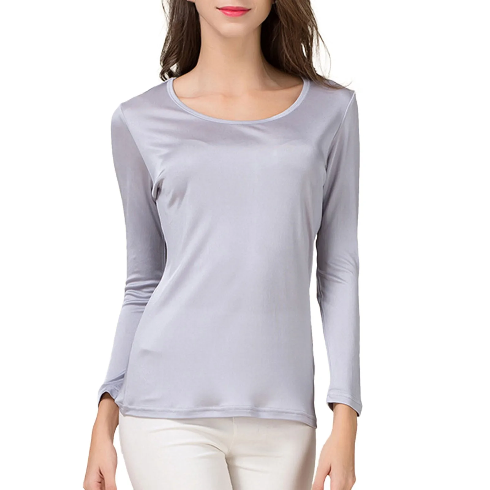 

High Quality 100% Mulberry Silk Women's T Shirt Double Face Knitted Pullover Tee Shirt Solid Color Long Sleeve Bottoming Shirt