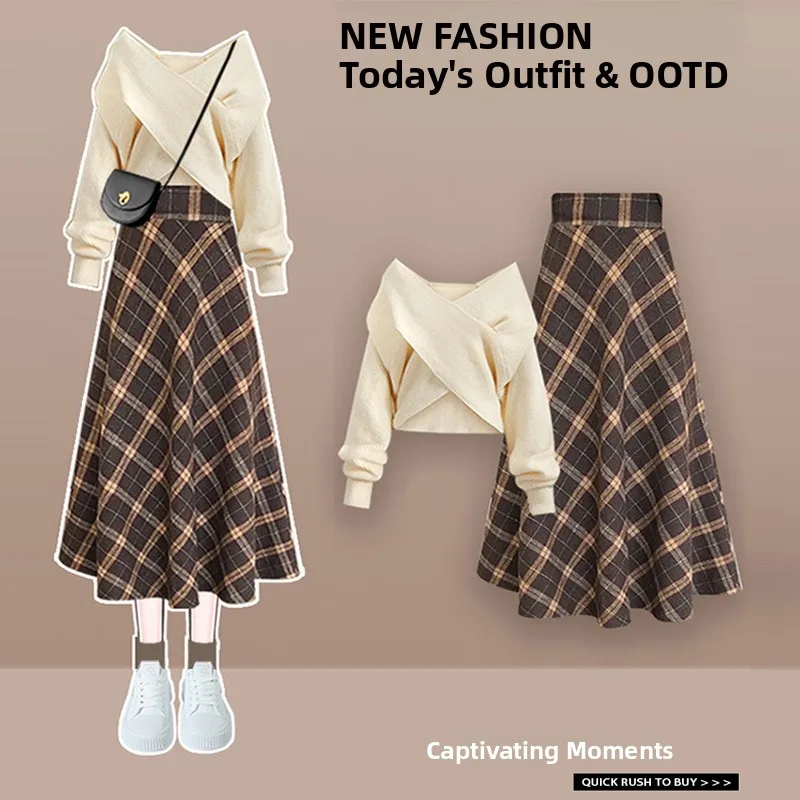 Salt Series Faion Set Women's Autumn Long Sve Cheered  Skirt High Waist V-ne Two-piece Suit Ele Feel