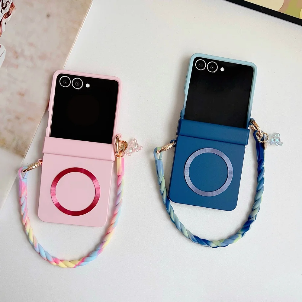 المفصلي حماية ماتي المغناطيسي قضية الهاتف لسامسونج غالاكسي Z Flip7 الوجه 7 5 4 3 Zflip6 التدرج لون الحلوى شريط للرسغ غطاء #3