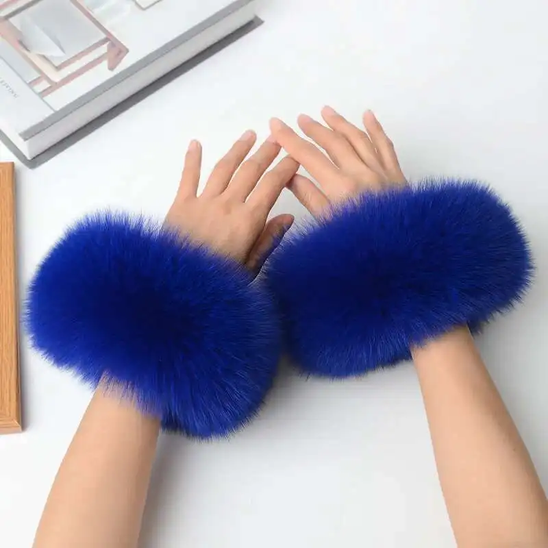 本物のキツネの毛皮の袖口 ふわふわした毛皮のオーバースリーブ装飾 ファッション ナチュラルファー アームウォーマー 本物の毛皮のリストバンド レディースコート リストウォーマー 袖口