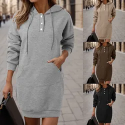 Women Hoodies Dress Hooded Sweatshirts Dress Casual Button Long Sleeve Tunics Dress Oversized Sweatshirts with Pocket