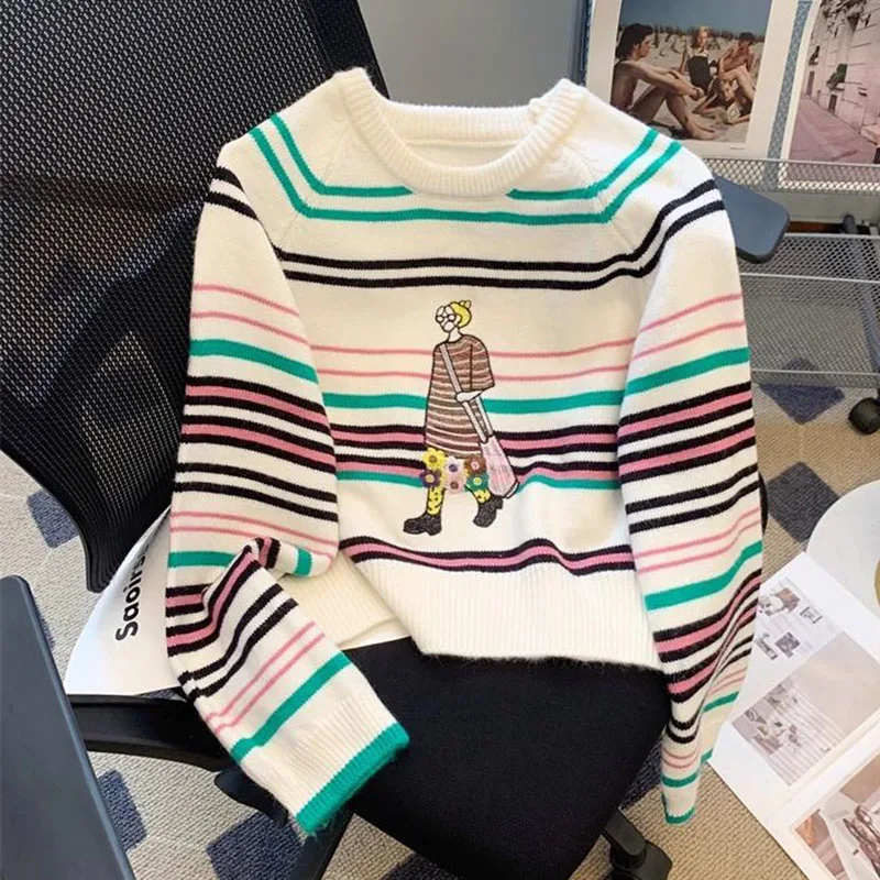 Cartoon Embroidery Stripe Sweater Pullovers Women Casual Knitwear korean reviews many clothes O Neck Long Sleeve Knit Sweater