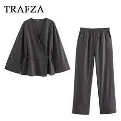 TRAFZA 2024 donna estate Casual Solid Suit Lace-Up Kimono camicia allentata + elastico in vita gamba larga pantalone lungo moda donna vestito