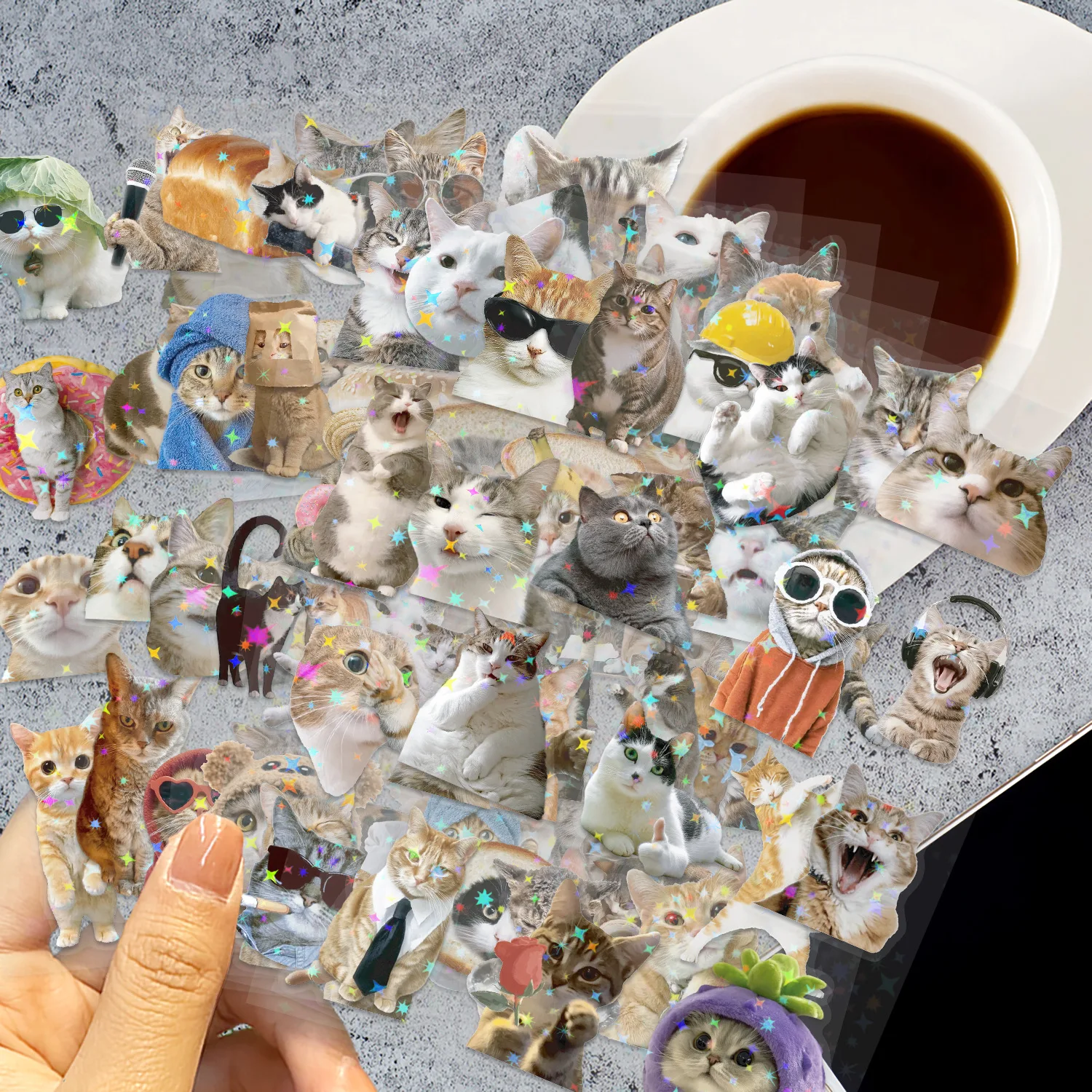 8/16/24PCS Cartoon Cat Transparent PETMEME Star Film Stickers DIY Stationery Notebook
