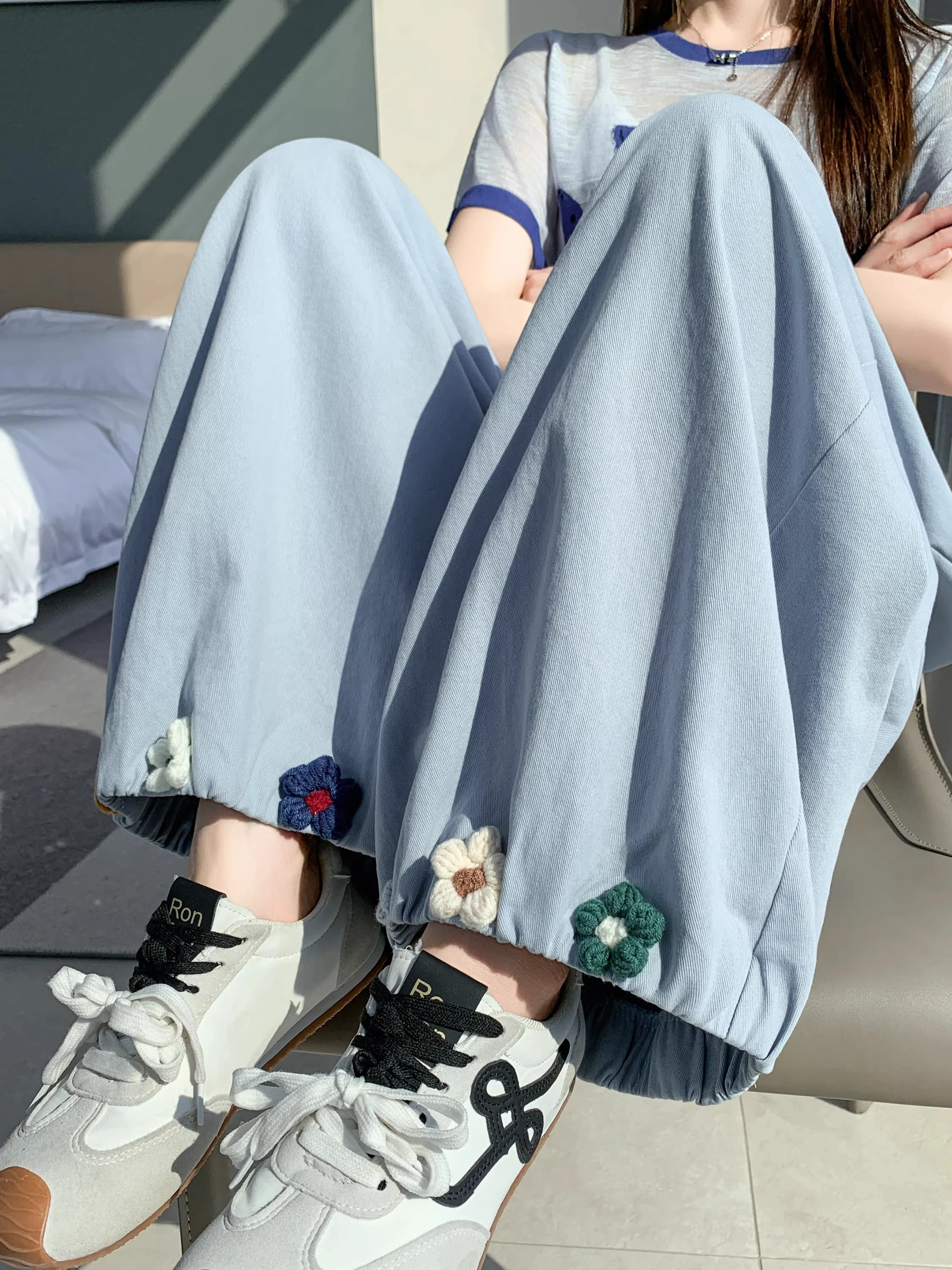 

Summer Thin Large Size Nine Points Small Flower Bouquet Loose Casual Harlan Pants Women's Lantern Pants High Waist Straight Leg