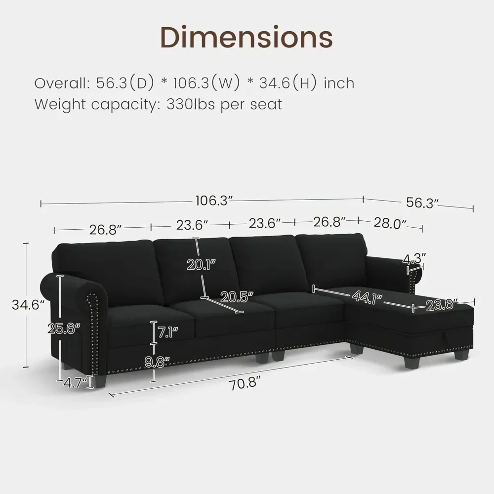 Black Sofa Bed L Shaped Sectional Couch Convertible Sofa Couch With Reversible Chaise 4 Seater Sofa for Small Space Sofas Living