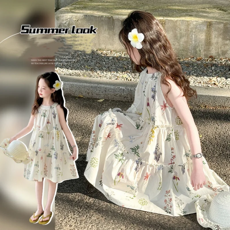 

Summer 2025 Sleeveless Neck Hanging Floral Print Dress for Girls Cute Sweet Knee Length Dress for Kids