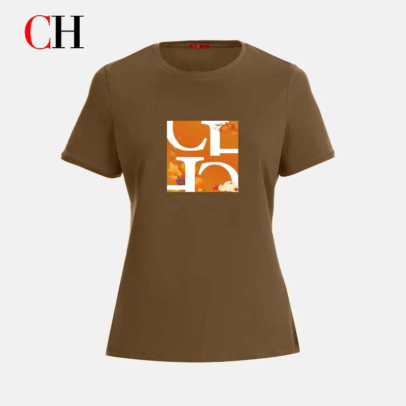 

Футболка с принтом в виде букв CH, классический дизайн с круглым вырезом, простой повседневный стиль, мягкая, универсальная, с коротким рукавом, для женщин.