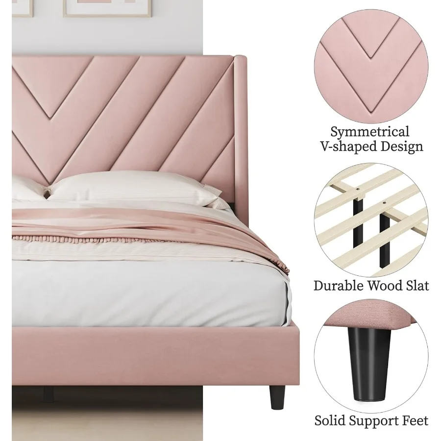 إطار سرير كوين وردي مع تصميم منصة منجدة ولوح رأسي معنقدة جانب الجناح يتميز بشرائح خشبية لدعم المراتب