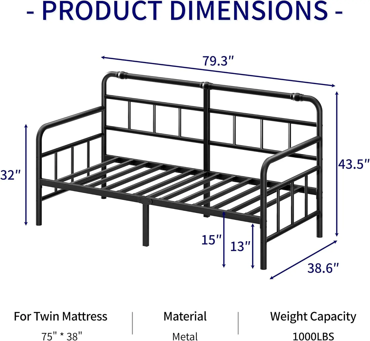 Twin-Daybed with Classic-Headboard - Heavy Duty Steel Slats,Metal Sofa Bed Frame for Living Room Bedroom Guest Room, Easy Assemb