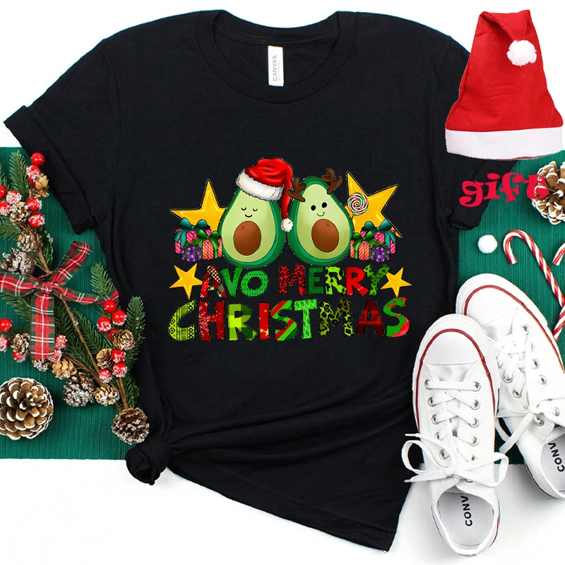 Merry Christmas Women 0 Neck T-shirt Cute Avocado Print Tee Shirt Women Y2k Tops Party Aesthetic Streetwear with Christmas Hats