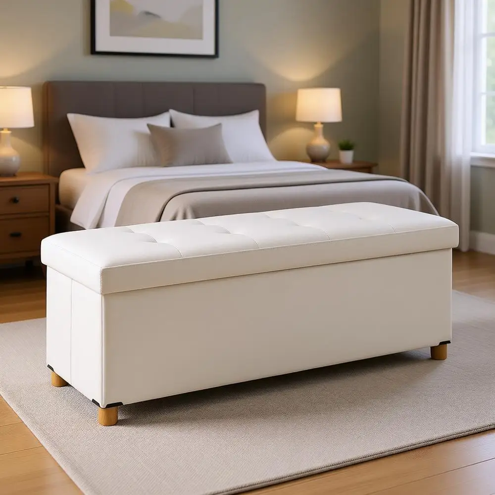 

Белая скамья-пуф для хранения вещей (43 дюйма) для спальни, гостиной или прихожей