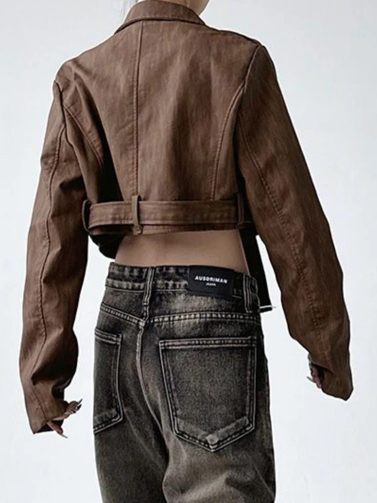 Punk Brown Cropped Leather Jacket Women Outwear Zipper Moto Biker Leather Jacket Casual Chic Design High Street Leather Coat New