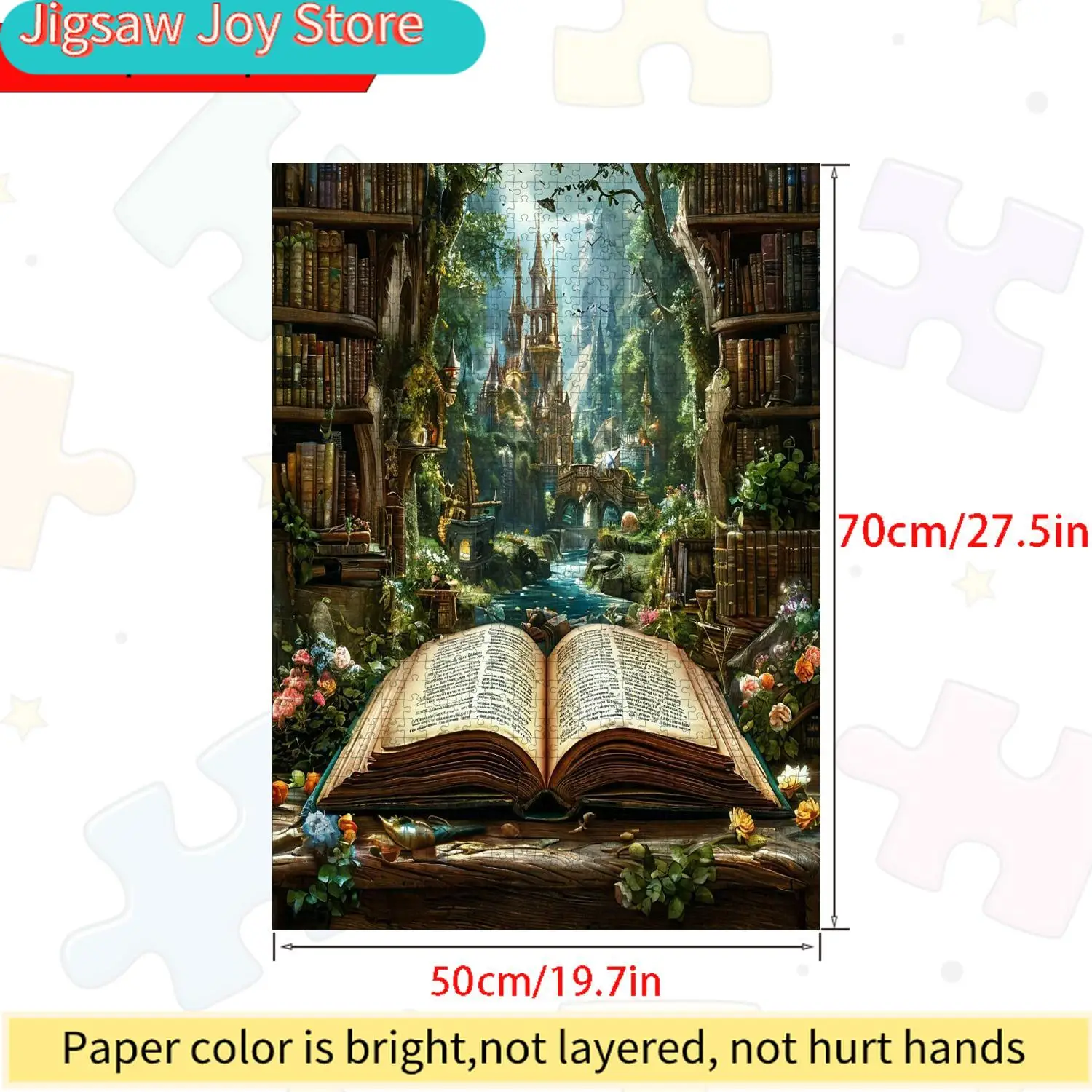 A Boxed Puzzle of  Featuring a Book And Castle Design, Measuring 70X50 Cm. This Large Puzzle for Is a Fun Family Game That Hel