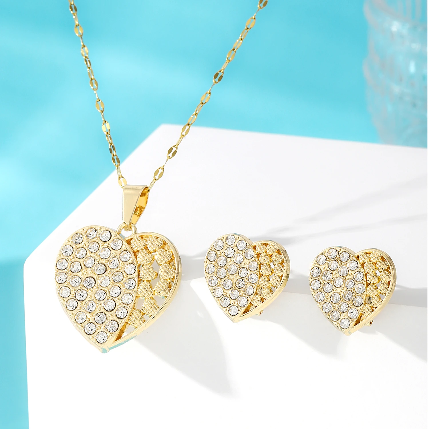 Hot Stainless Steel Chain Rhinestone Heart Beans Pea Pendant Necklace Stud Earrings Fashion Jewelry Sets For Women Accessories