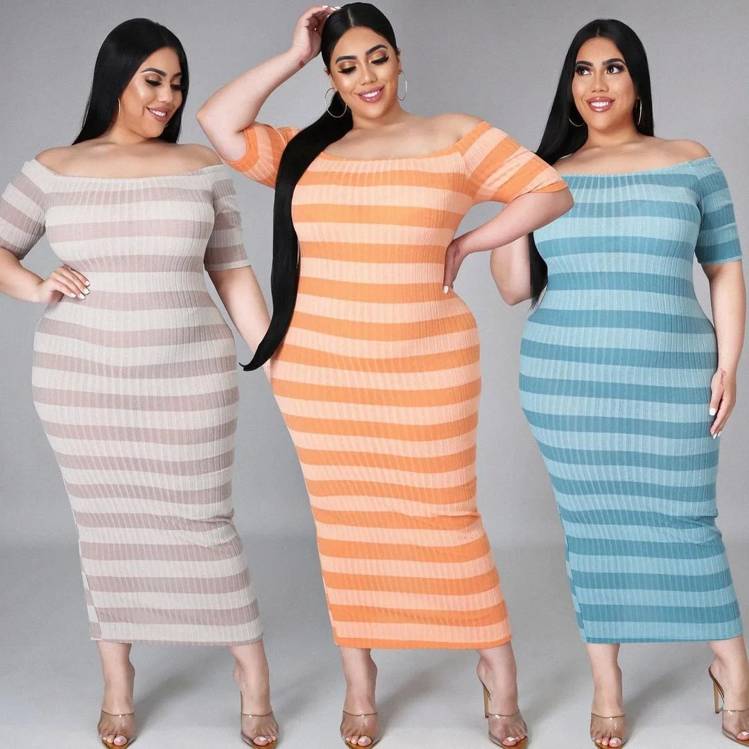 Plus Size Large Women's Dress New2023 Fat Women's Dress One Shoulder Oversize Loose Strip Pit Stripe Slim Dress 5XL