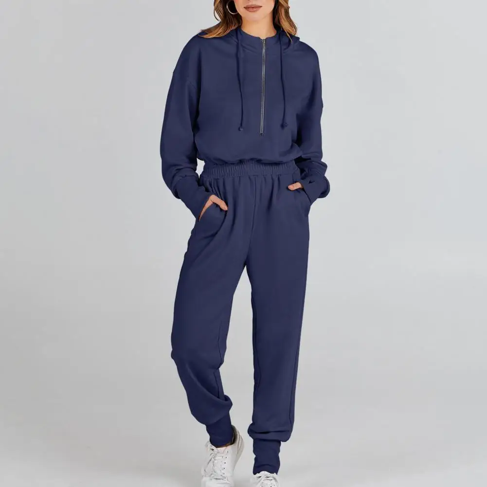 

Long Sleeve Jumpsuit Sporty Hooded Women's Jumpsuit with Elastic Waist Drawstring Long Sleeve Ankle-banded Fake Two-piece